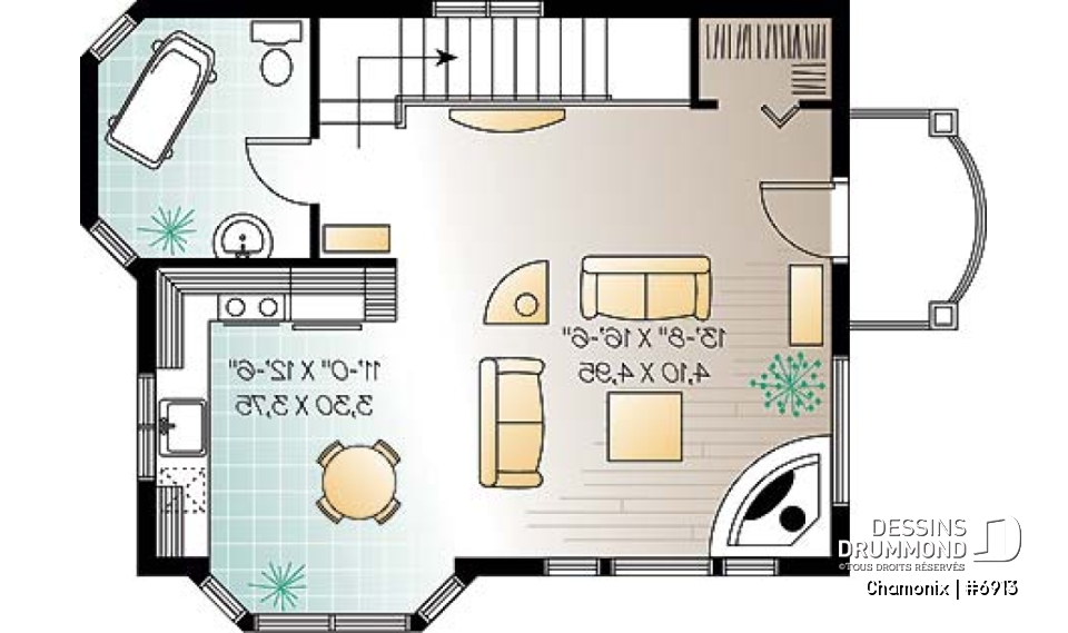 Étage - Plan de chalet aux planchers inversés, cuisine et salon à l'étage, chambres au rez-de-chaussée, panoramique - Chamonix