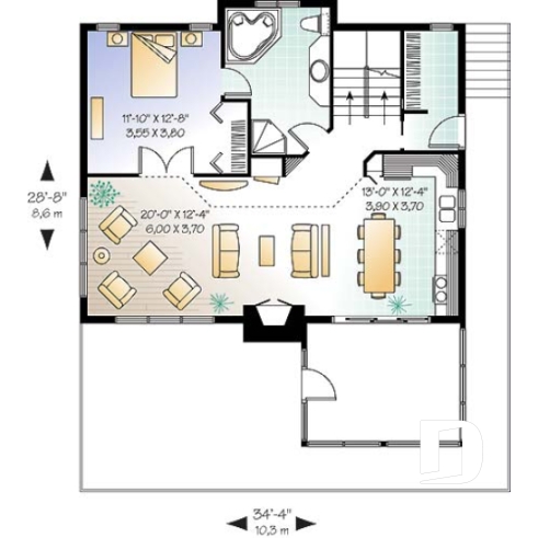 Rez-de-chaussée - Plan de chalet style rustic, 4 chambres, 2 salles familiales, foyer, loft à la mezzanine, abri moustiquaire - Kaspard