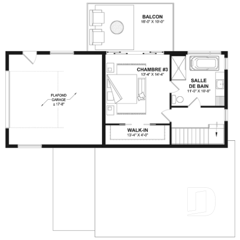 Étage option 1 - Plan flexible: mini-maison 1 chambre avec garage attaché pour VR OU maison 3 chambres, 3 sdb, avec garage - Voyageur