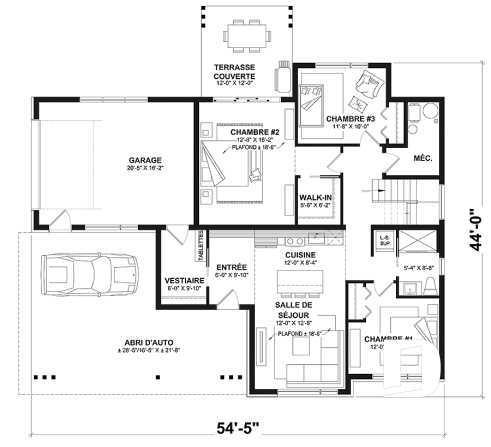 Rez-de-chaussée option 1 - Plan de maison moderne une chambre avec garage attaché pour VR et option garage simple et quatre chambre - Eskal