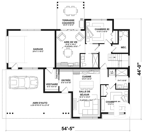 Rez-de-chaussée option 2 - Plan de maison moderne une chambre avec garage attaché pour VR et option garage simple et quatre chambre - Eskal
