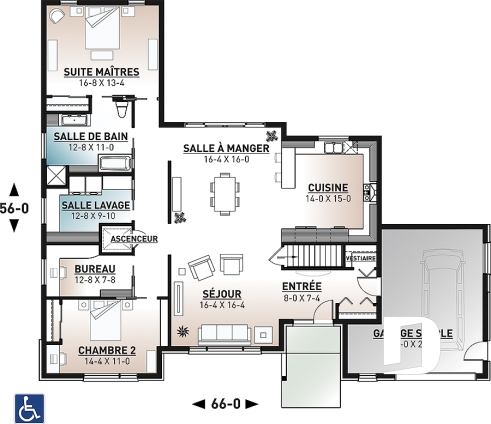 Rez-de-chaussée - Plan de maison avec ascenseur et entièrement adapté pour fauteuil roulant, 2 chambres, bureau, garage - Eve