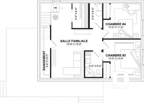 Sous-sol aménagé (Optionel $) - Plan éco-responsable petit chalet ou maison compacte, 2 à 4 chambres, cathédral, s-sol aménagé optionnel ($) - Kief