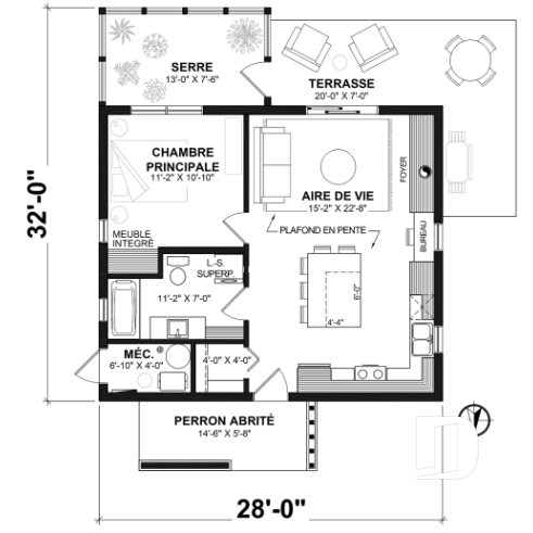 Rez-de-chaussée - Plan de maison éco-responsable avec une (1) chambre avec vue sur serre, plancher à aire ouverte, coin bureau - PUR