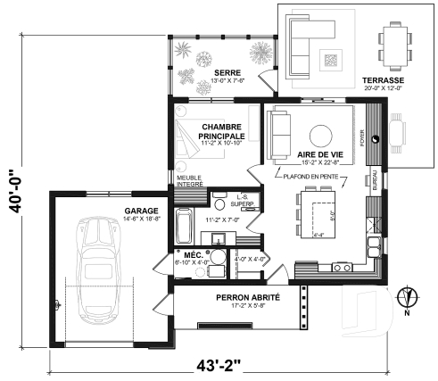 Rez-de-chaussée - Plan de petite maison éco-responsable avec serre et garage, une chambre, concept à aire ouverte - PUR 2
