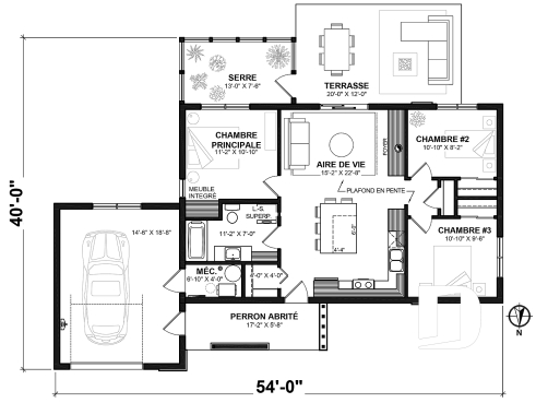 Rez-de-chaussée - Plan de maison contemporaine et éco-responsable proposant 3 chambres, une serre et un garage - PUR 4
