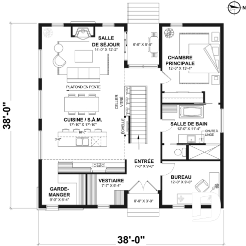Rez-de-chaussée - Plan maison éco-responsable 1 à 4 chambres, bureau, foyer, mezzanine, vestiaire, s-sol aménagé optionnel ($) - Intervalle