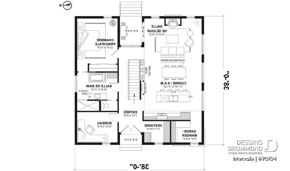 Rez-de-chaussée - Plan maison éco-responsable 1 à 4 chambres, bureau, foyer, mezzanine, vestiaire, s-sol aménagé optionnel ($) - Intervalle
