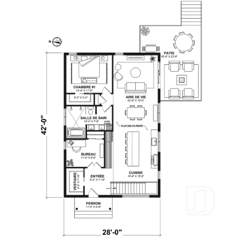 Rez-de-chaussée - Plan de petite maison scandinave éco-responsable, 1 à 4 chambres, bureau, finition sous-sol optionnel ($) - Rive