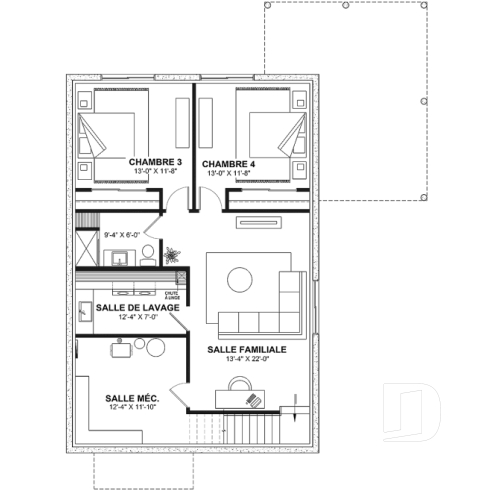 Sous-sol aménagé (Optionel $) - Plan de petite maison scandinave éco-responsable, 1 à 4 chambres, bureau, finition sous-sol optionnel ($) - Rive