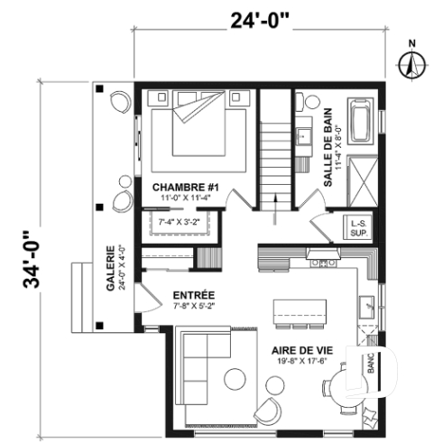 Rez-de-chaussée - Plan de chalet ou petite maison éco-responsable, 1 à 3 chambres, galerie abritée, s-sol aménagé optionnel ($) - Appalaches