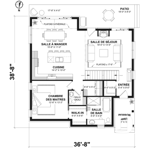 Rez-de-chaussée - Plan de chalet éco-responsable, vue panoramique, 3 à 5 chambres, cathédral, sous-sol aménagé (*optionnel $) - Charlemagne - Éco