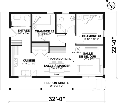 Rez-de-chaussée - Plan de petit chalet éco-responsable et abordable avec vue panoramique et 2 chambres - Le Relais - Éco
