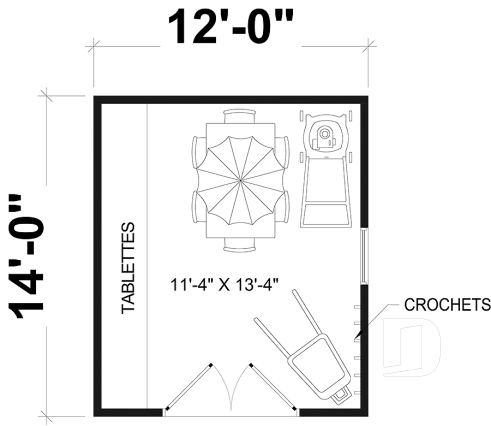 Rez-de-chaussée - Plan de cabanon ou remise avec coin tablettes et crochets pour un rangement maximal - Caribou