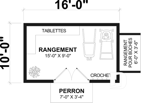 Rez-de-chaussée - Plan de remise ou cabanon, coin tablettes pour rangement, ainsi qu'un secteur propice au storage de buches - Zermatt