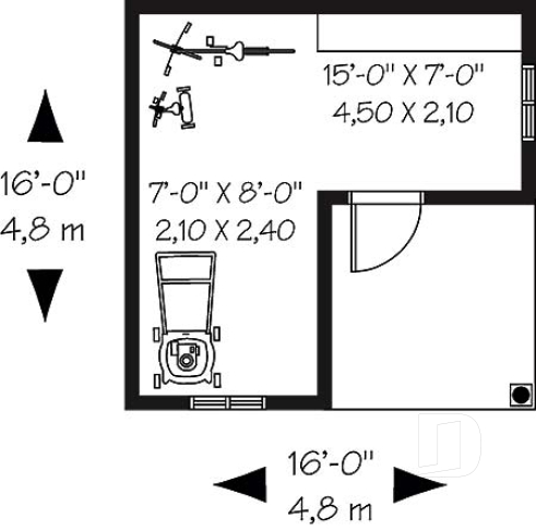 Rez-de-chaussée - Plan de remise 16pi x 16pi pour rangement articles de sport et de jardinage - Remisette