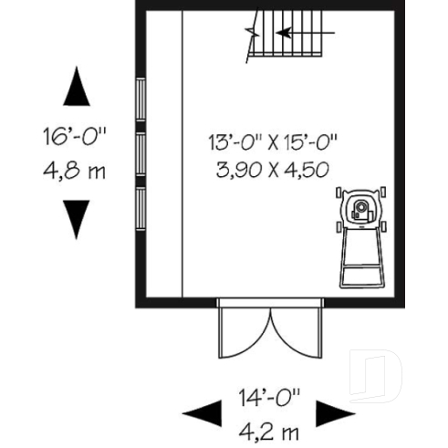 Rez-de-chaussée - Plan de remise style grange, avec rangement à l'étage accessible par escalier - La Grange