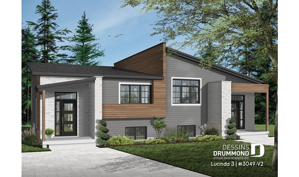 Vue avant - MODÈLE DE BASE - Plan maison jumelée moderne, planchers différents à chaque unité, 3 chambres, 2 s.bain - Lucinda 3