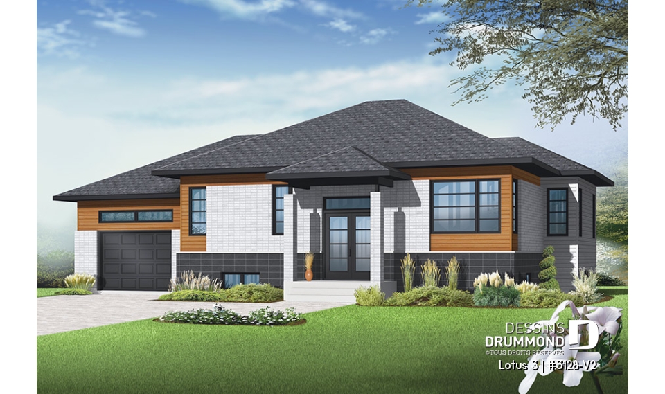 Vue avant - MODÈLE DE BASE - Plan de maison contemporaine split level, 2 chambres, garage, laveuse/sécheuse au rez-de-chaussée - Lotus 3