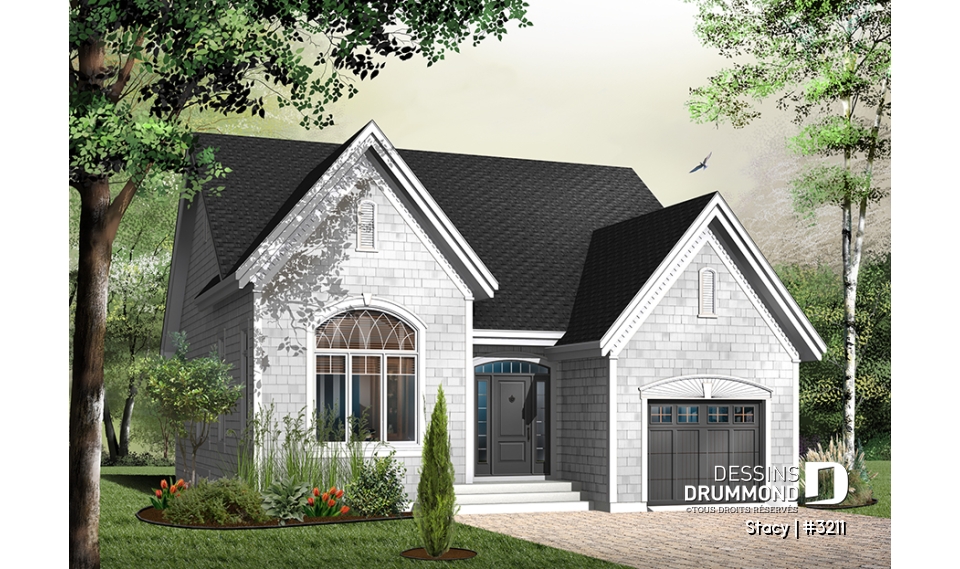 Vue avant - MODÈLE DE BASE - Plan de plain-pied pour terrain étroit, abordable avec garage, 2 chambres, aire ouverte, plafond 11' - Stacy