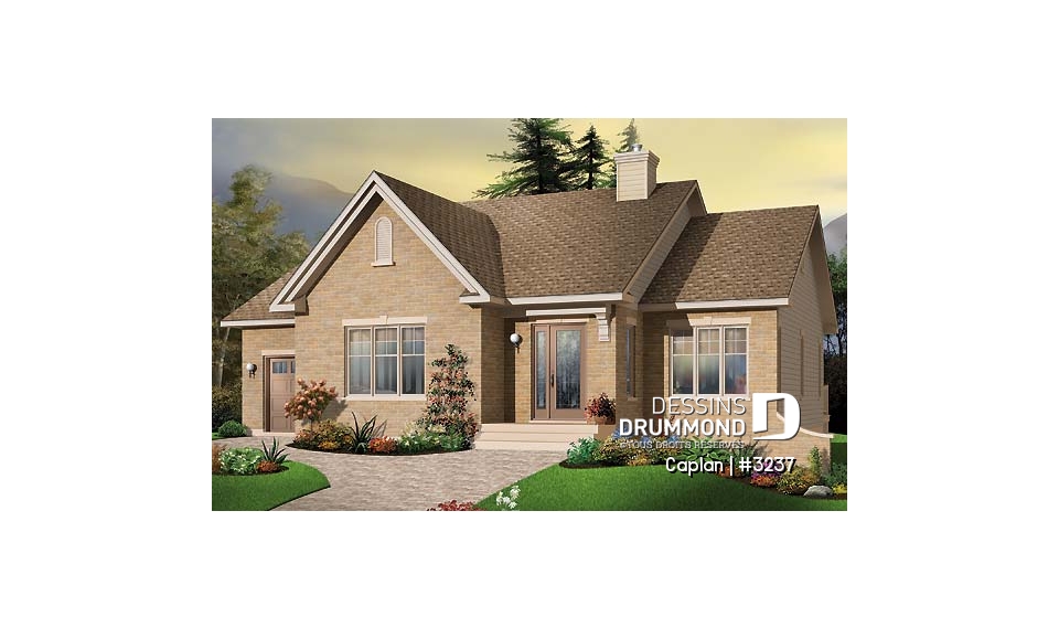 Vue avant - MODÈLE DE BASE - Plan de bungalow 2 chambres, garage, foyer, salle de séjour abaissée, vestibule fermé - Caplan