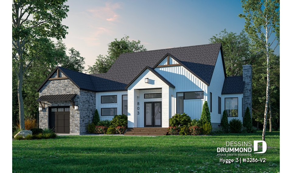 Vue avant - MODÈLE DE BASE - Plan de plain-pied 3 chambres au rez-de-chaussée, garage, bureau, vestiaire, suite des maîtres - Hygge 3