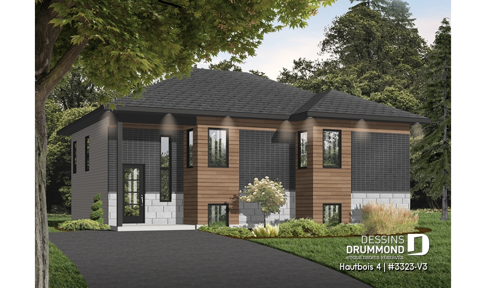 Vue avant - MODÈLE DE BASE - Plan Split-level contemporain, 2 chambres, grande salle de séjour, grand îlot à la cuisine, à aire ouverte - Hautbois 4