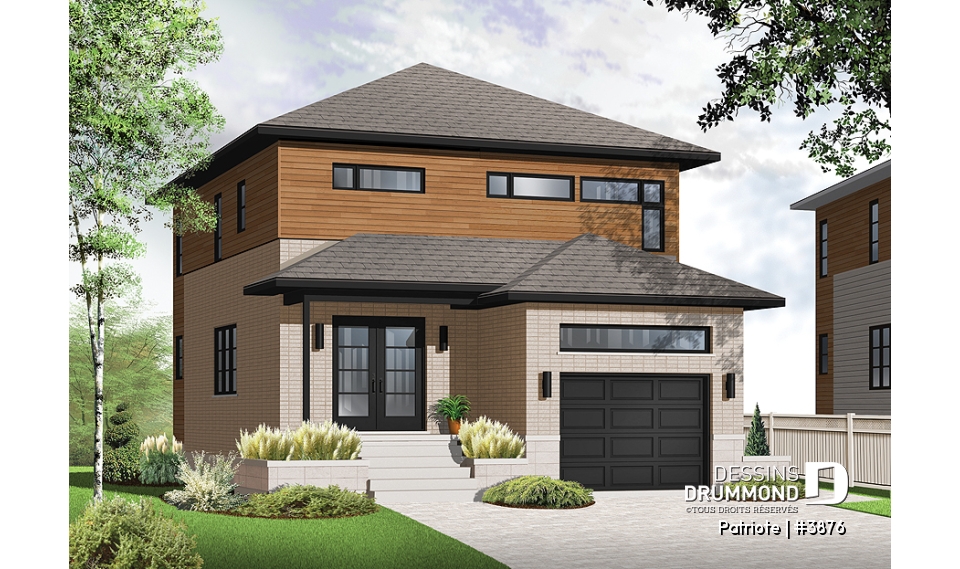 Vue avant - MODÈLE DE BASE - Plan de maison contemporaine, garage, 3 chambres, grande cuisine, superbe chambre parents, terrasse abritée - Patriote
