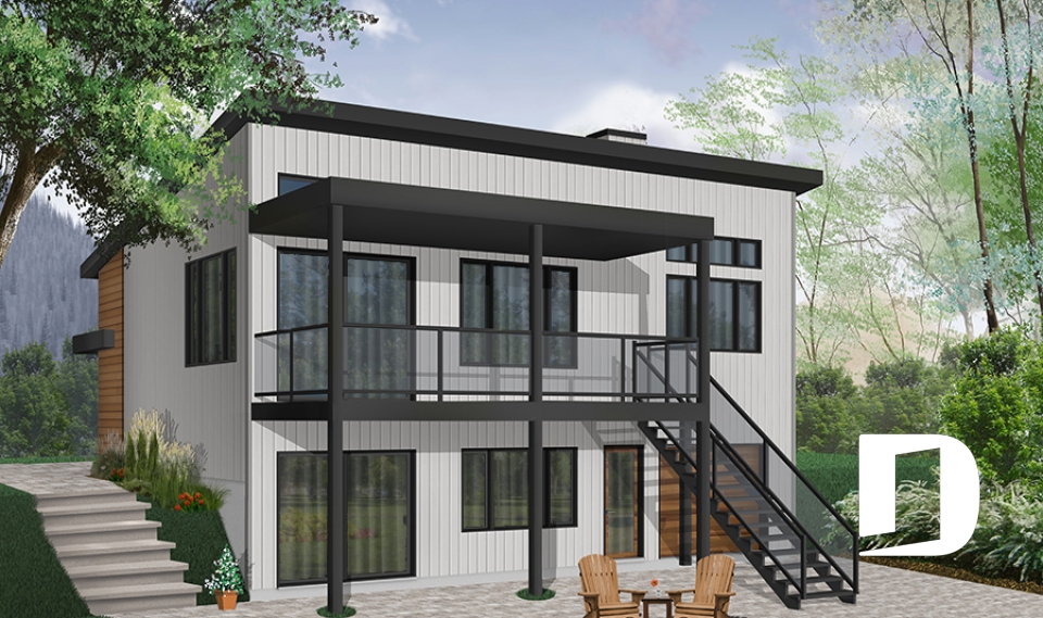 Version couleur no. 1 - Vue arrière - Plan de chalet moderne, possibilité de 4 chambres, terrasse abritée, poêle à bois, vestiaire, rez-de-jardin - Calypso