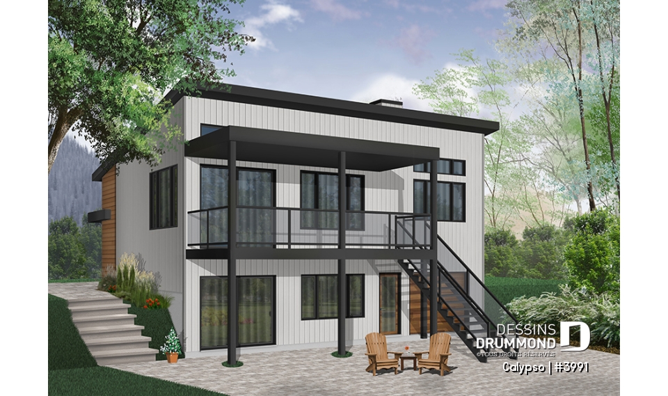 Version couleur no. 1 - Vue arrière - Plan de chalet moderne, possibilité de 4 chambres, terrasse abritée, poêle à bois, vestiaire, rez-de-jardin - Calypso