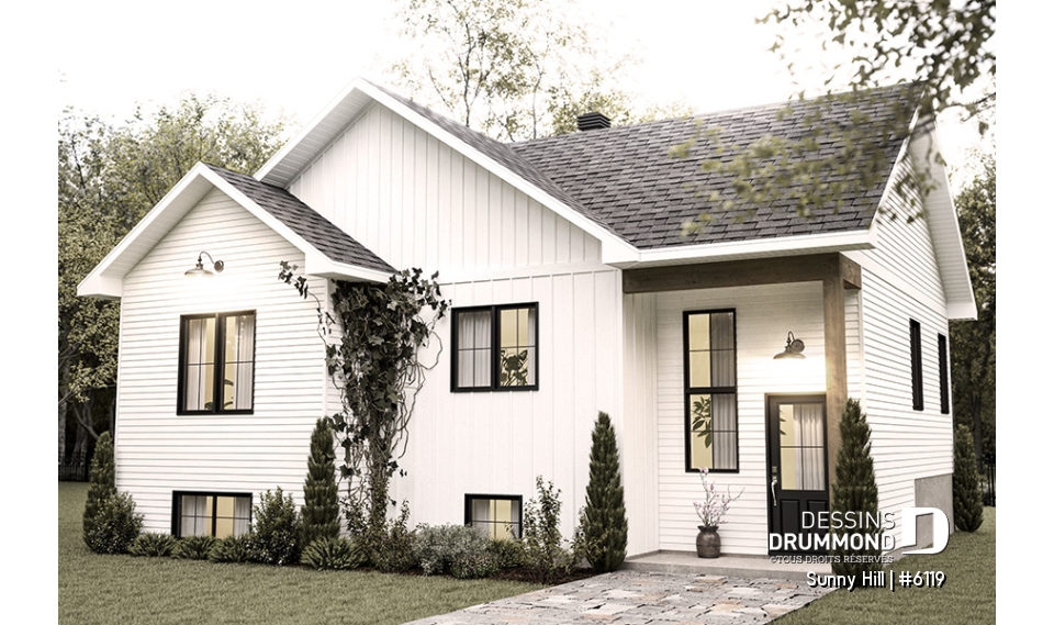 Vue avant - MODÈLE DE BASE - Maison de type split-level, champêtre, proposant 4 chambres, 2 salles de bain et 2 salons - Sunny Hill
