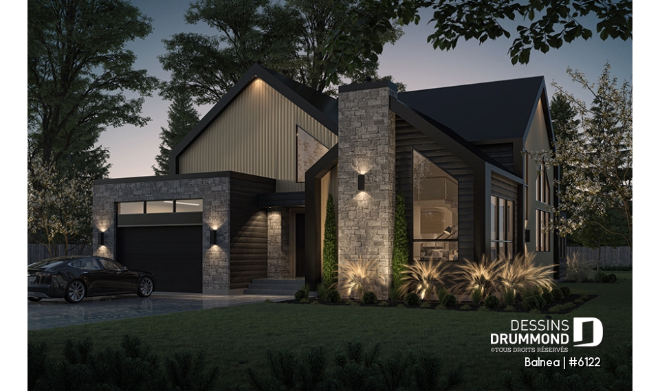 Vue avant - MODÈLE DE BASE - Plan de maison scandinave, superbe suite parentale, foyer central, grande luminosité et sous-sol aménagé - Balnea